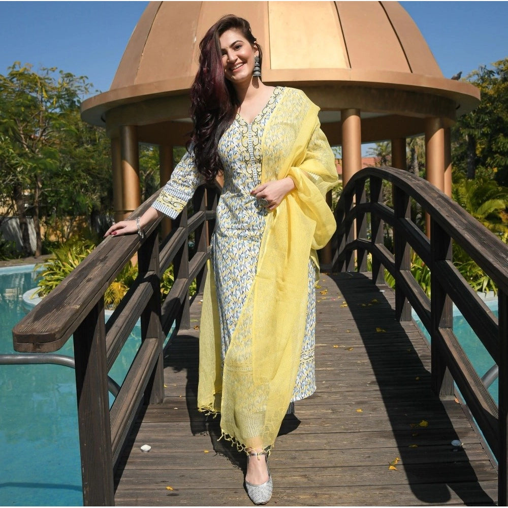 Womens Casual 34th Sleeve Printed Cotton Kurti Set Yellow