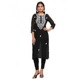 Women's Casual 3/4th Sleeve Embroidered Georgette Kurti (Black) - GillKart