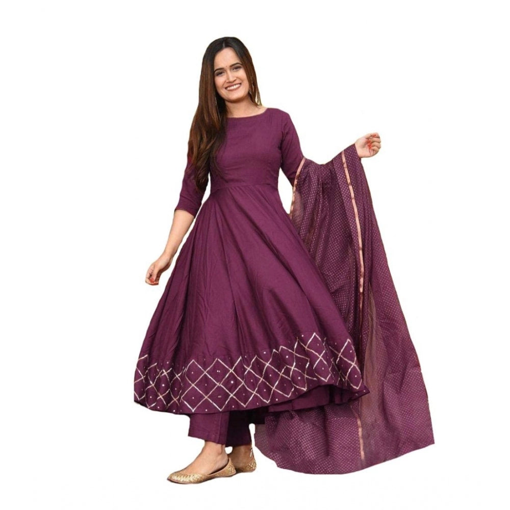 Women's Casual 3/4th Sleeve Solid Cotton Kurti Set (Wine) - GillKart