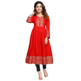 Women's Casual 3/4 Sleeve Viscose Rayon Foil Printed Kurti (Red) - GillKart