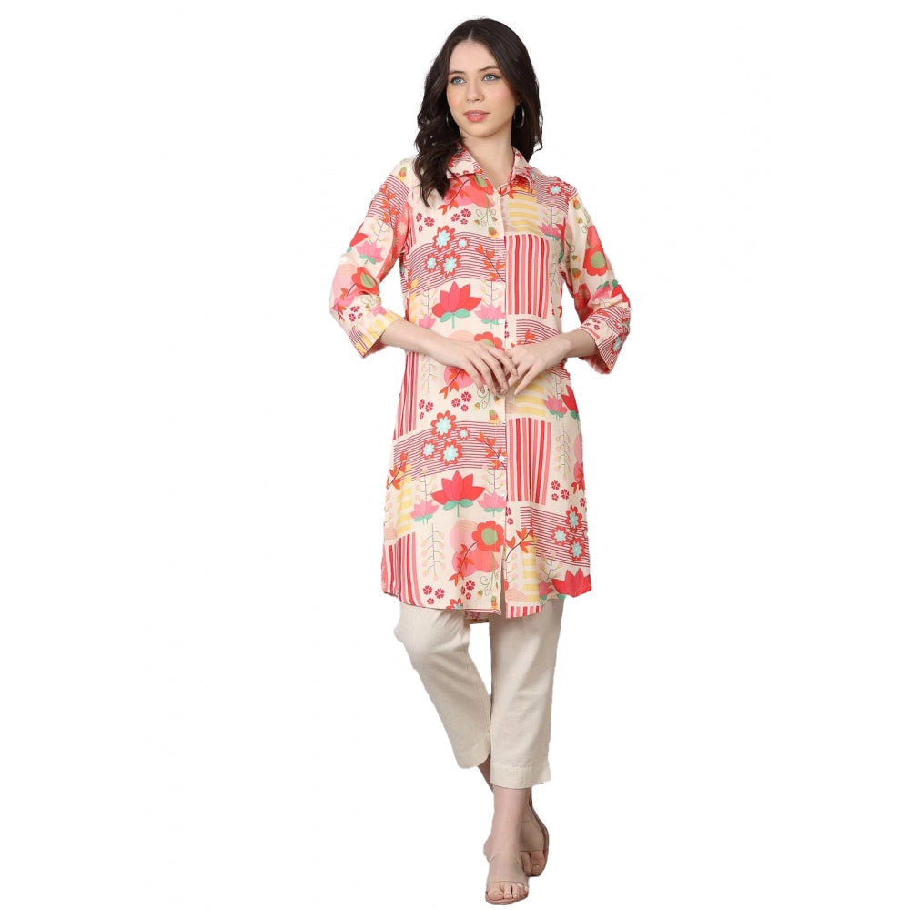 Women's Casual 3/4 Sleeve Viscose Rayon Printed Kurti (Pink) - GillKart