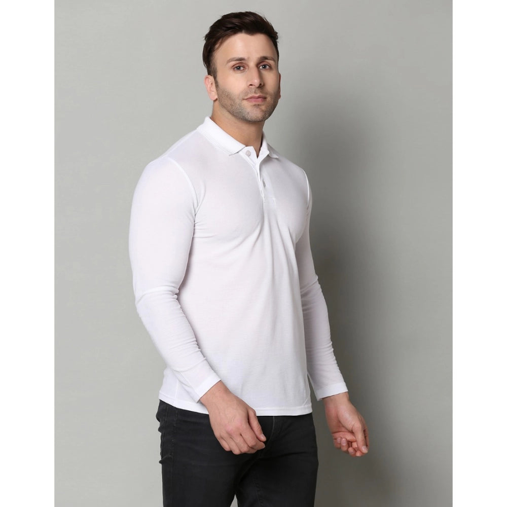 Men's Casual Full Sleeve Solid Cotton Blended Polo Neck T-shirt (White) - GillKart