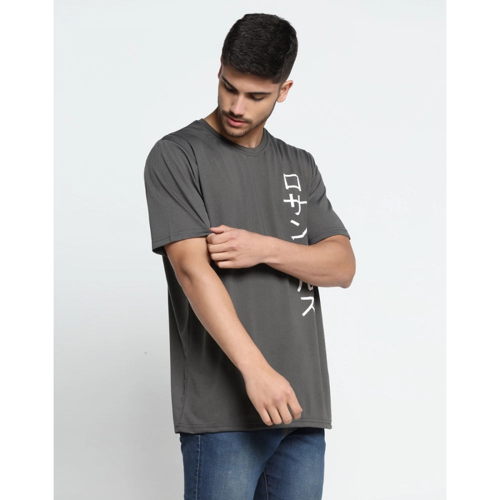 Men's Casual Half Sleeve Printed Cotton Blended Round Neck T-shirt (D.Grey) - GillKart