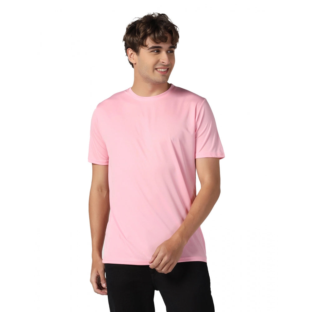 Men's Casual Half Sleeve Solid Polyester Round Neck T-shirt (Pink) - GillKart