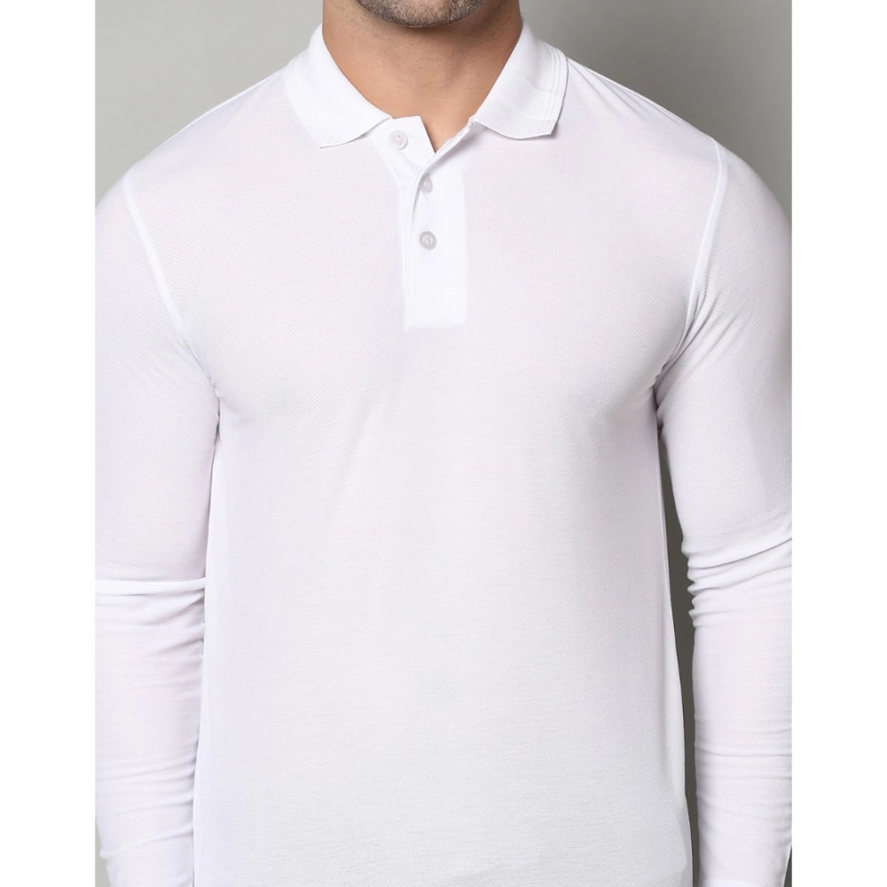 Men's Casual Full Sleeve Solid Cotton Blended Polo Neck T-shirt (White) - GillKart