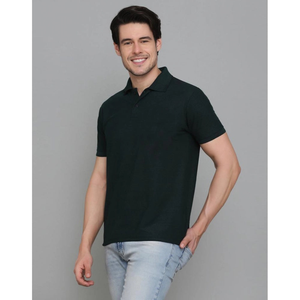 Men's Casual Half Sleeve Solid Cotton Blended Polo Neck T-shirt (Green) - GillKart