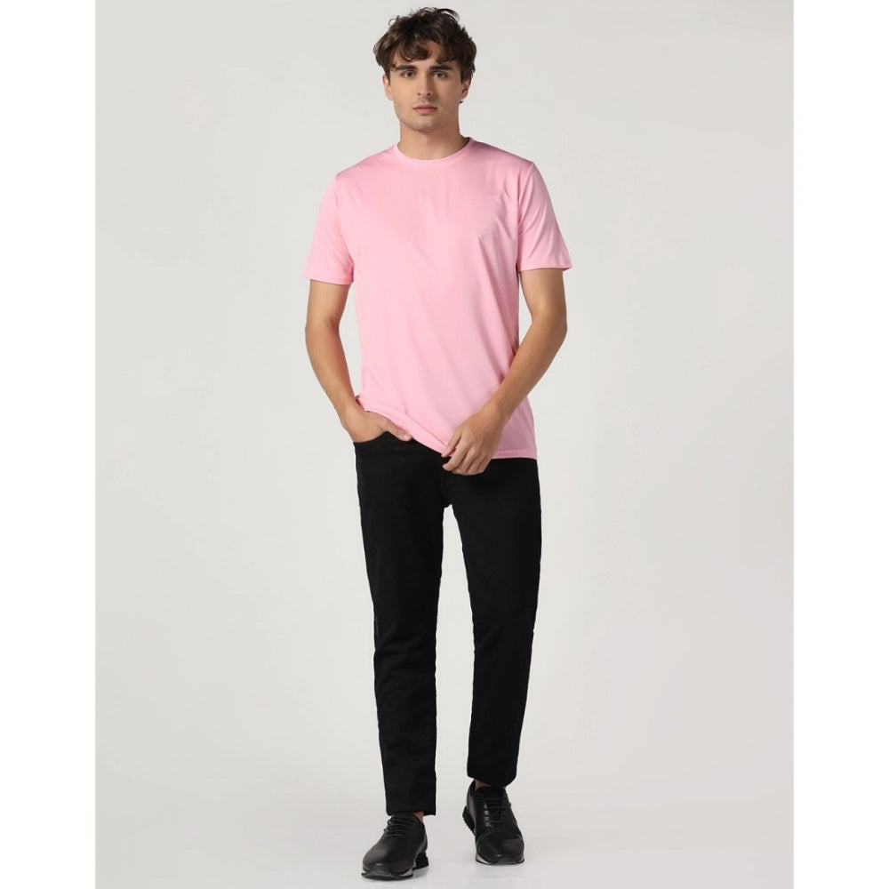 Men's Casual Half Sleeve Solid Polyester Round Neck T-shirt (Pink) - GillKart