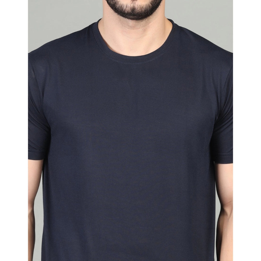 Men's Casual Half Sleeve Solid Cotton Blended Round Neck T-shirt (Dark Blue) - GillKart