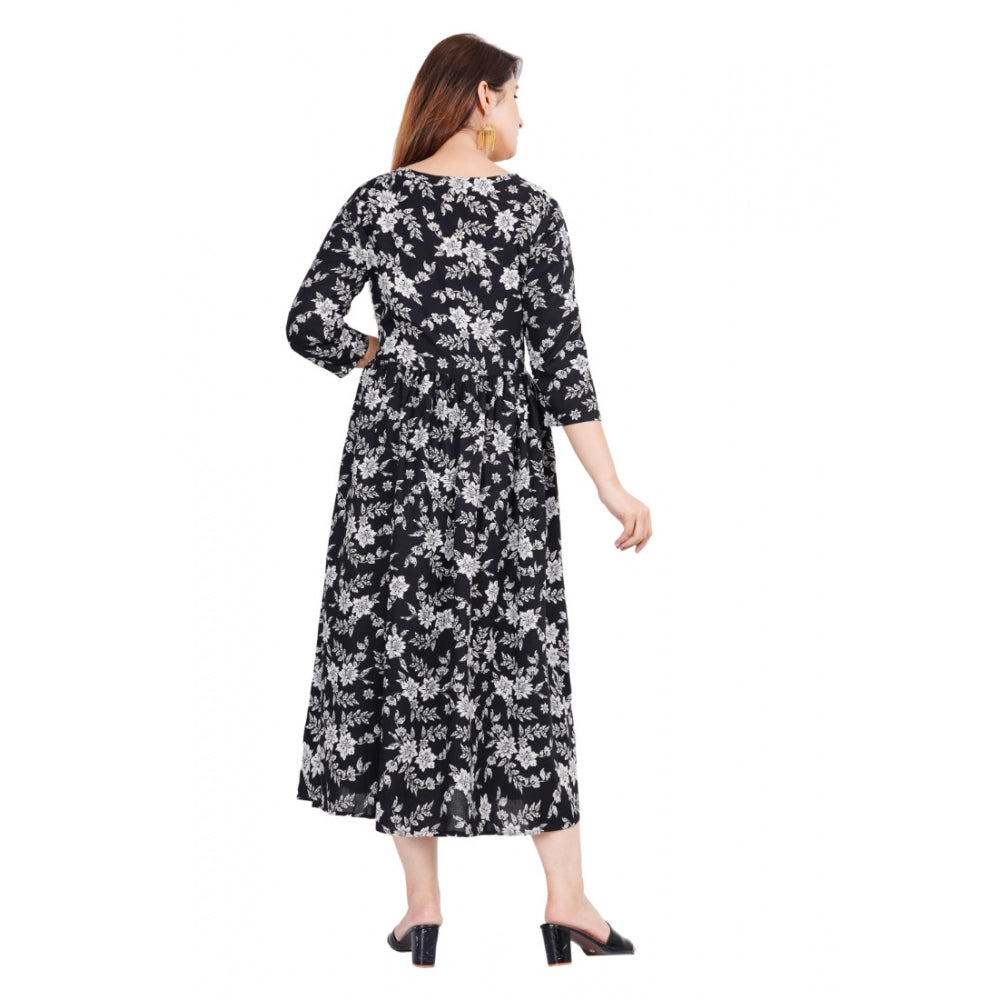 Women's Casual 3/4 Sleeve Printed Viscose Maternity Feeding Kurti (Black) - GillKart