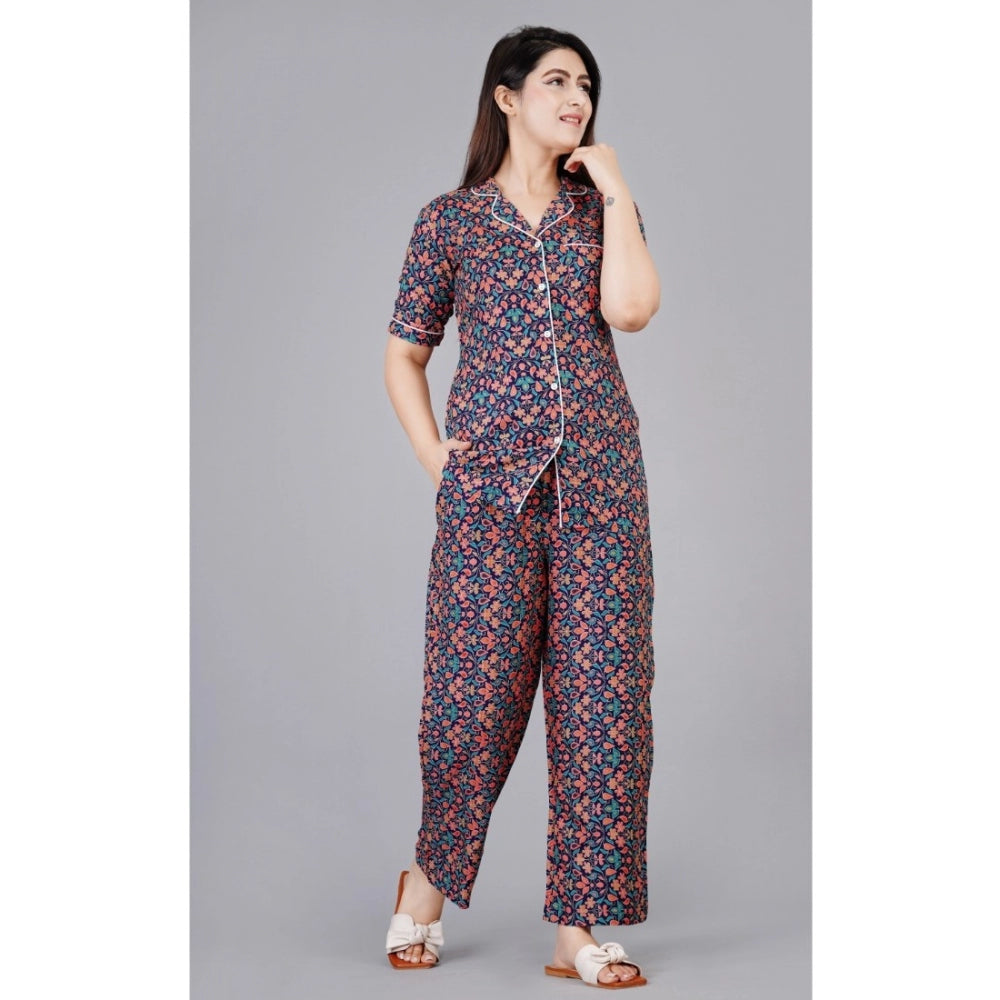 Women's Casual Half Sleeve Printed Viscose Rayon Shirt With Pyjama Pant Night Suit Set (Blue) - GillKart