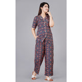 Women's Casual Half Sleeve Printed Viscose Rayon Shirt With Pyjama Pant Night Suit Set (Blue) - GillKart