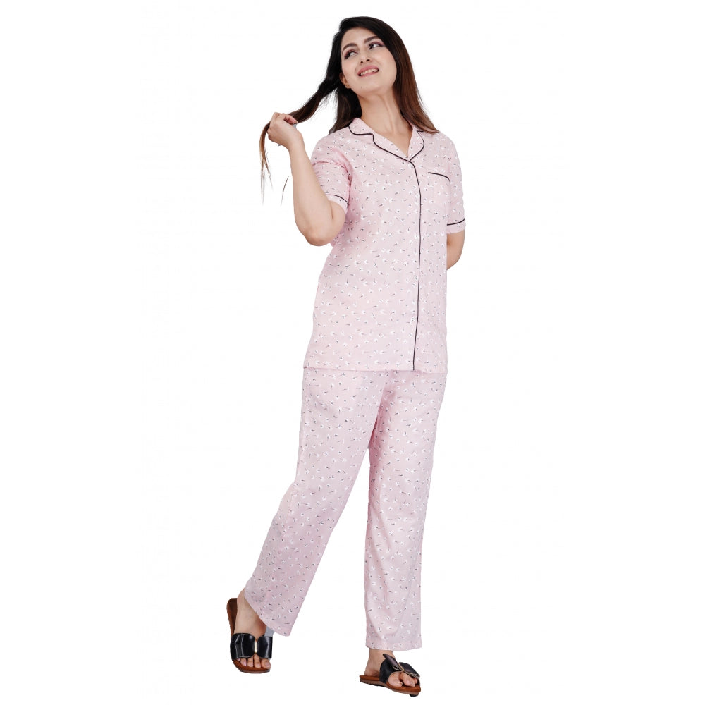 Women's Casual Half Sleeve Printed Viscose Rayon Shirt With Pyjama Pant Night Suit Set (Pink) - GillKart