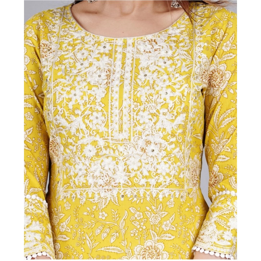 Women's Casual 3/4 Sleeve Embroidered Rayon Kurti With Pant And Dupatta Set (Yellow) - GillKart