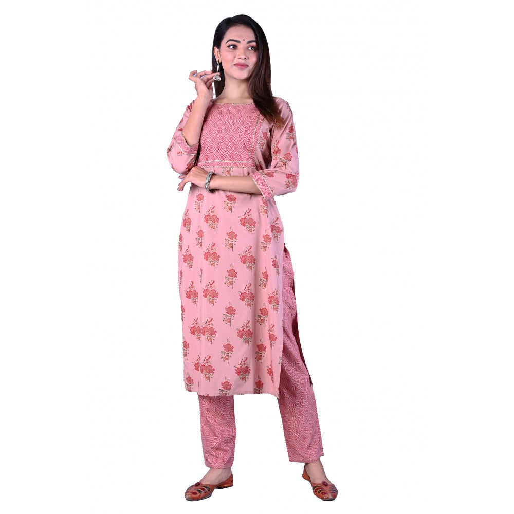 Women's Casual 3/4 Sleeve Printed Rayon Kurti With Pant Set (Pink) - GillKart