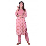 Women's Casual 3/4 Sleeve Printed Rayon Kurti With Pant Set (Pink) - GillKart