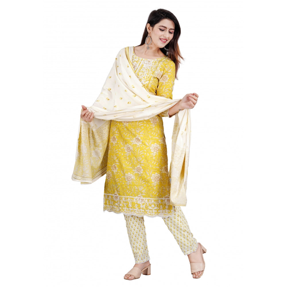 Women's Casual 3/4 Sleeve Embroidered Rayon Kurti With Pant And Dupatta Set (Yellow) - GillKart