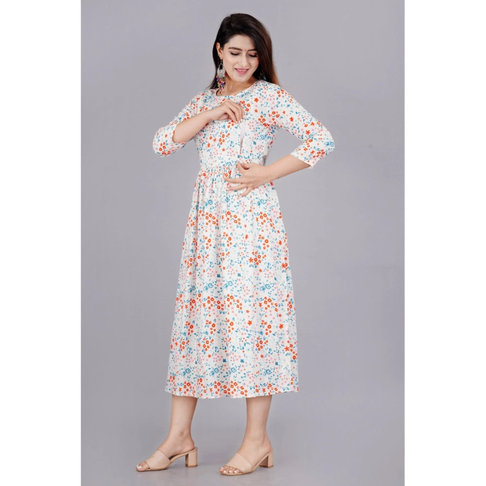 Women's Casual 3/4 Sleeve Printed Viscose Maternity Feeding Kurti (White) - GillKart