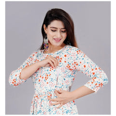 Women's Casual 3/4 Sleeve Printed Viscose Maternity Feeding Kurti (White) - GillKart