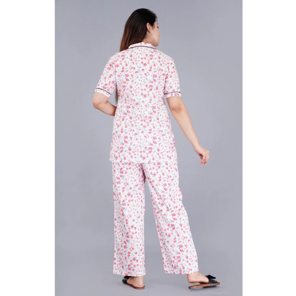 Women's Casual Half Sleeve Printed Viscose Rayon Shirt With Pyjama Pant Night Suit Set (Baby Pink) - GillKart