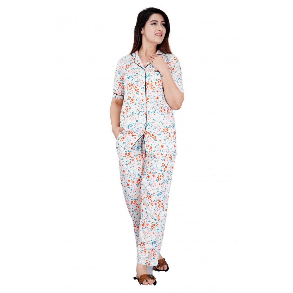 Women's Casual Half Sleeve Printed Viscose Rayon Shirt With Pyjama Pant Night Suit Set (White) - GillKart
