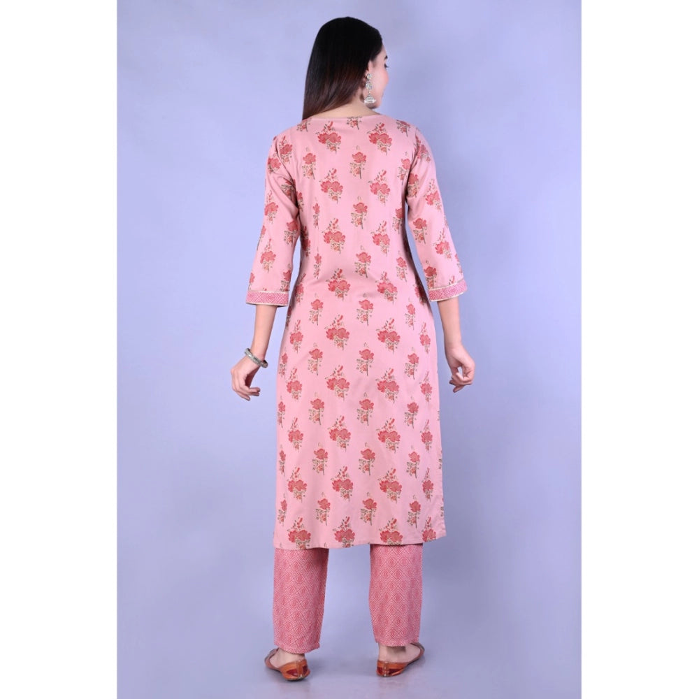 Women's Casual 3/4 Sleeve Printed Rayon Kurti With Pant Set (Pink) - GillKart