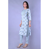 Women's Casual 3/4 Sleeve Printed Rayon Kurti With Pant Set (Blue) - GillKart