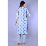 Women's Casual 3/4 Sleeve Printed Rayon Kurti With Pant Set (Blue) - GillKart