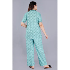 Women's Casual Half Sleeve Printed Viscose Rayon Shirt With Pyjama Pant Night Suit Set (Green) - GillKart