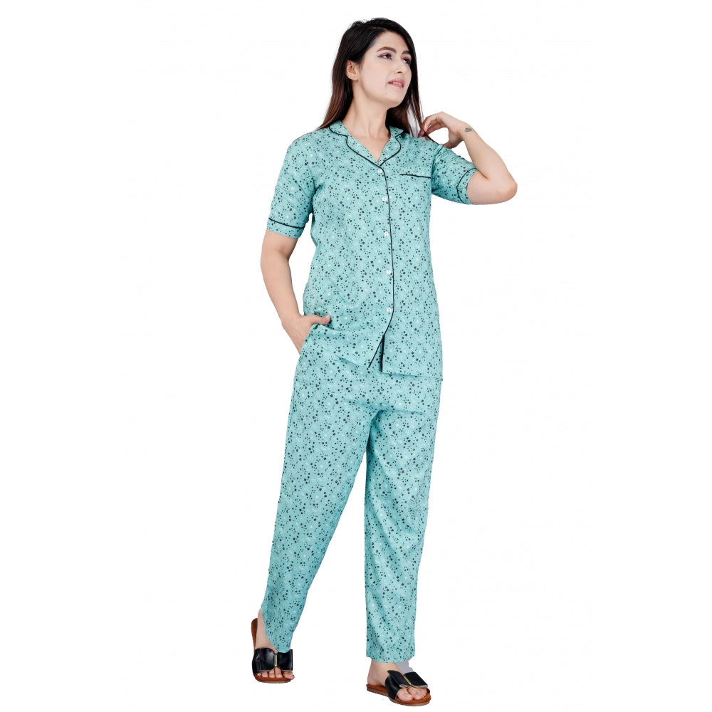 Women's Casual Half Sleeve Printed Viscose Rayon Shirt With Pyjama Pant Night Suit Set (Green) - GillKart