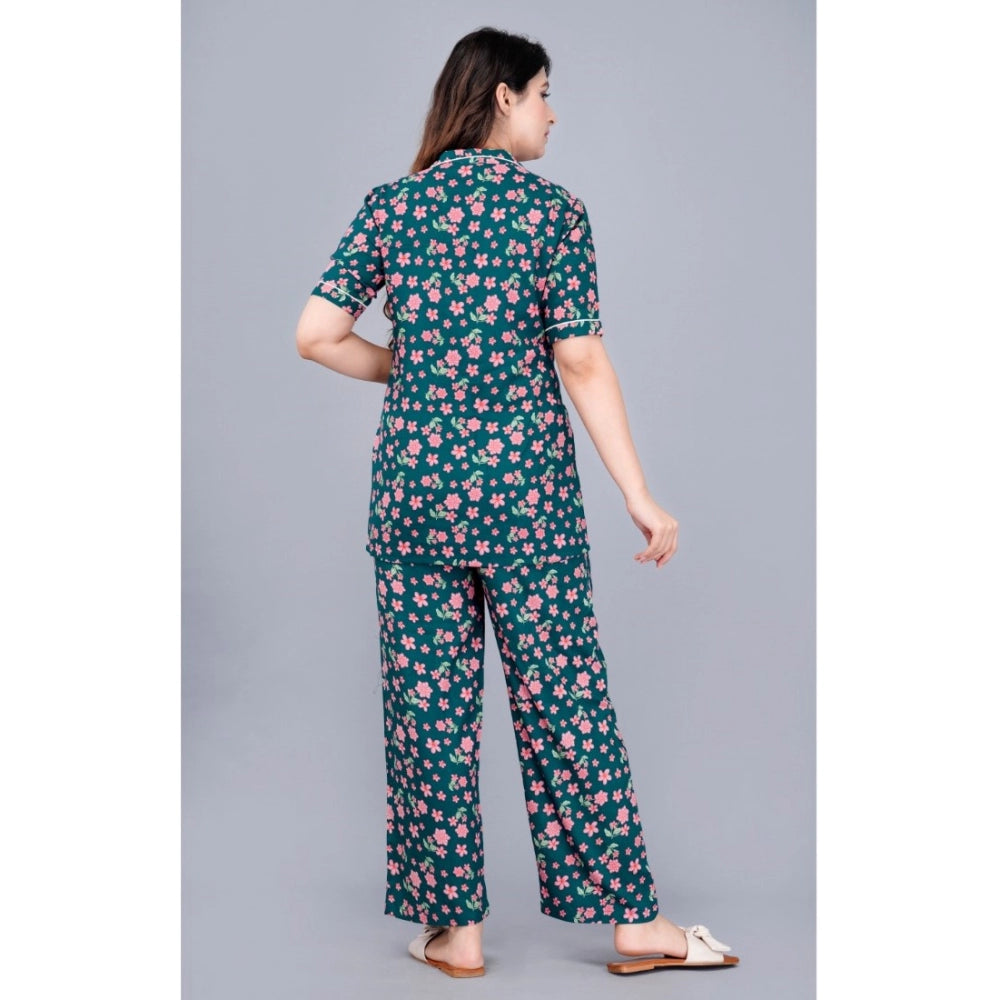 Women's Casual Half Sleeve Printed Viscose Rayon Shirt With Pyjama Pant Night Suit Set (Teal) - GillKart