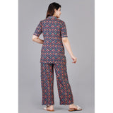 Women's Casual Half Sleeve Printed Viscose Rayon Shirt With Pyjama Pant Night Suit Set (Blue) - GillKart