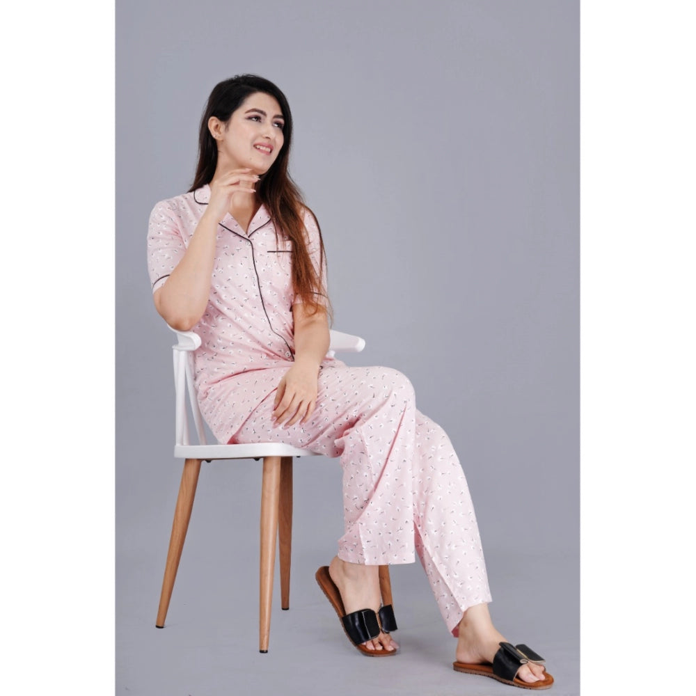 Women's Casual Half Sleeve Printed Viscose Rayon Shirt With Pyjama Pant Night Suit Set (Pink) - GillKart