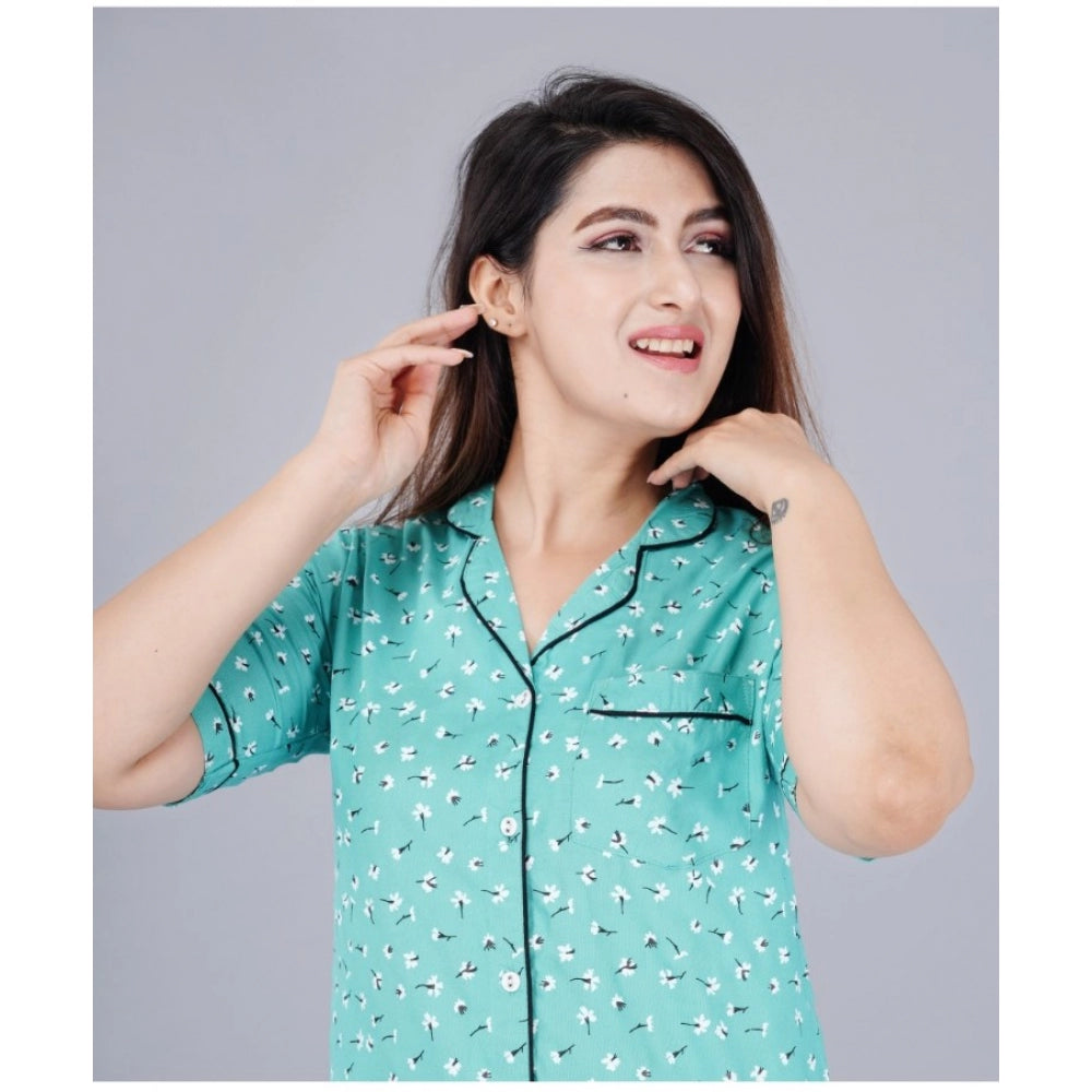 Women's Casual Half Sleeve Printed Viscose Rayon Shirt With Pyjama Pant Night Suit Set (Green) - GillKart