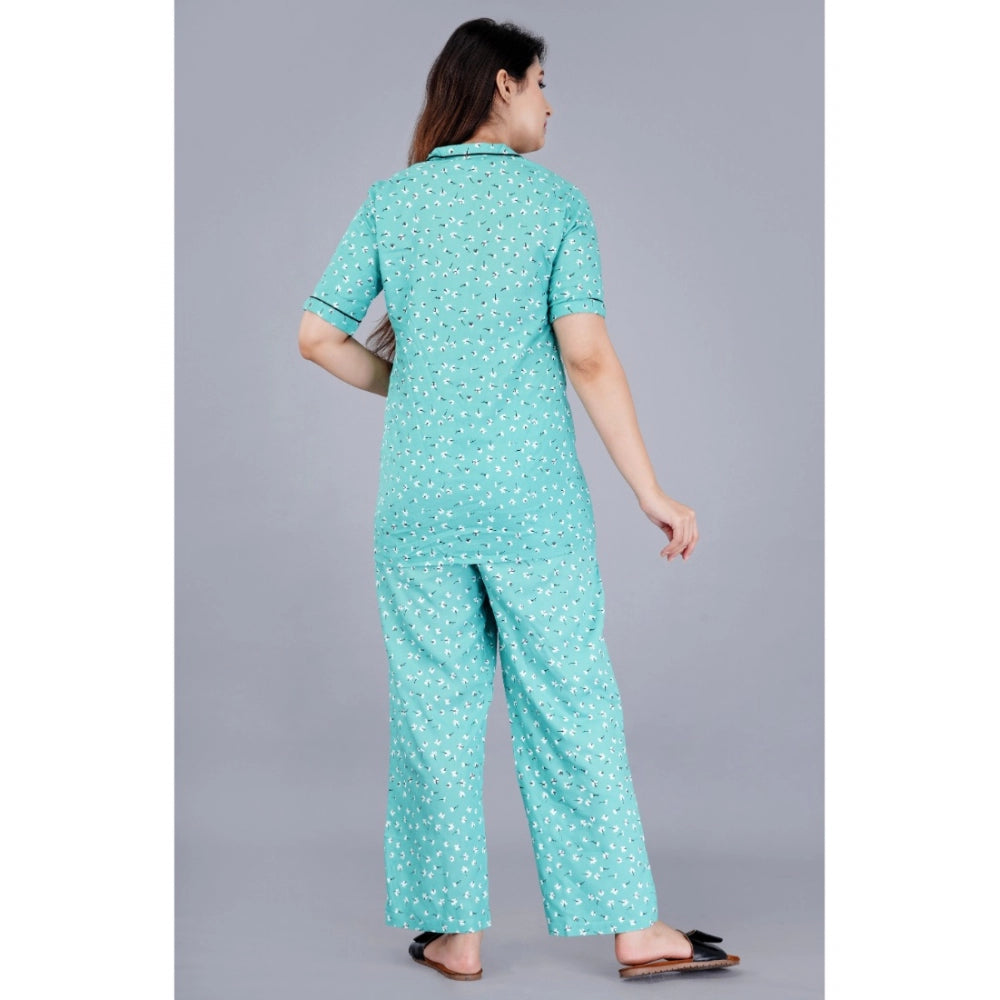 Women's Casual Half Sleeve Printed Viscose Rayon Shirt With Pyjama Pant Night Suit Set (Green) - GillKart