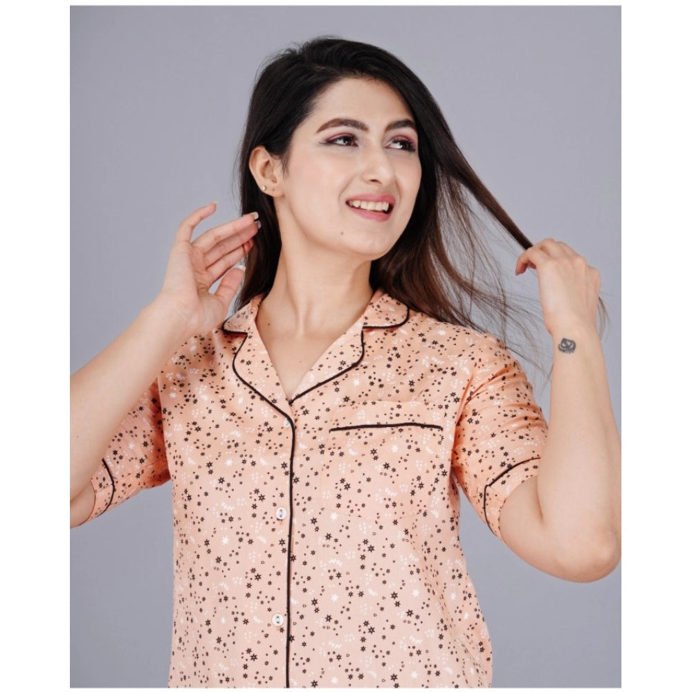 Women's Casual Half Sleeve Printed Viscose Rayon Shirt With Pyjama Pant Night Suit Set (Peach) - GillKart