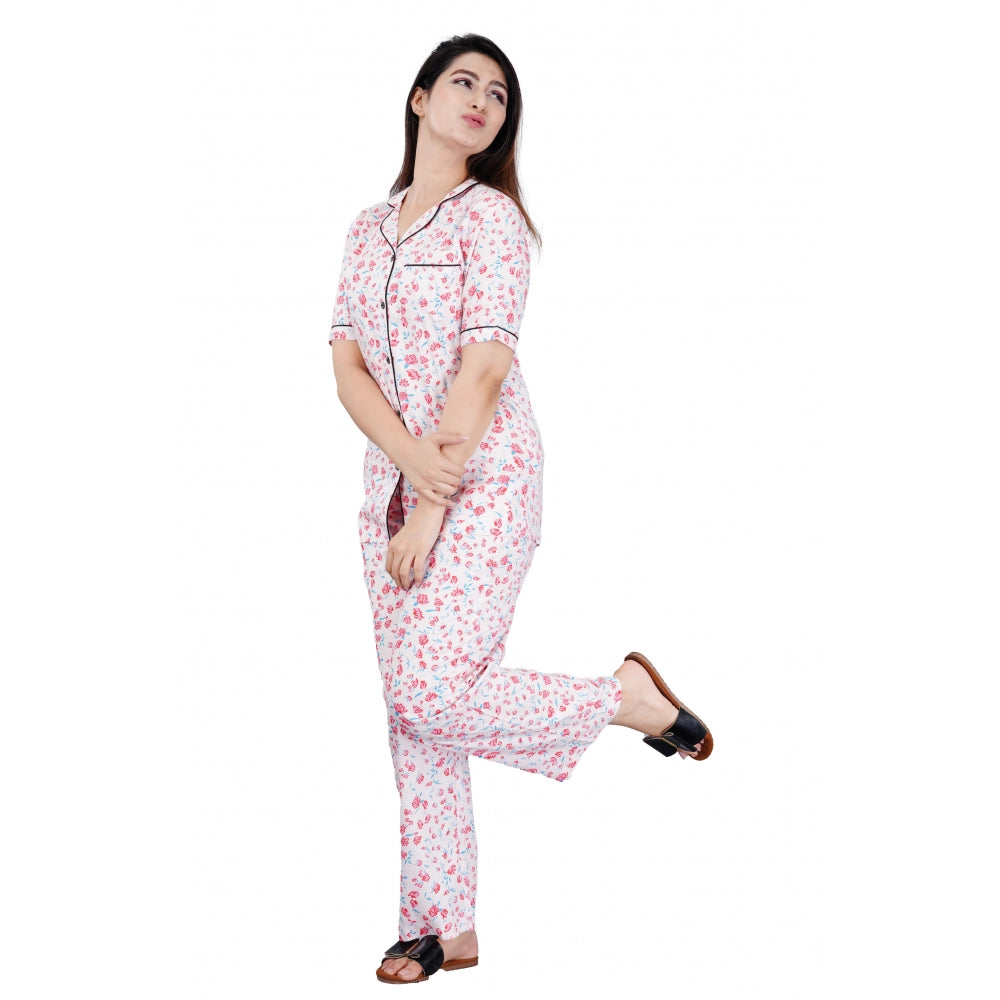 Women's Casual Half Sleeve Printed Viscose Rayon Shirt With Pyjama Pant Night Suit Set (Baby Pink) - GillKart