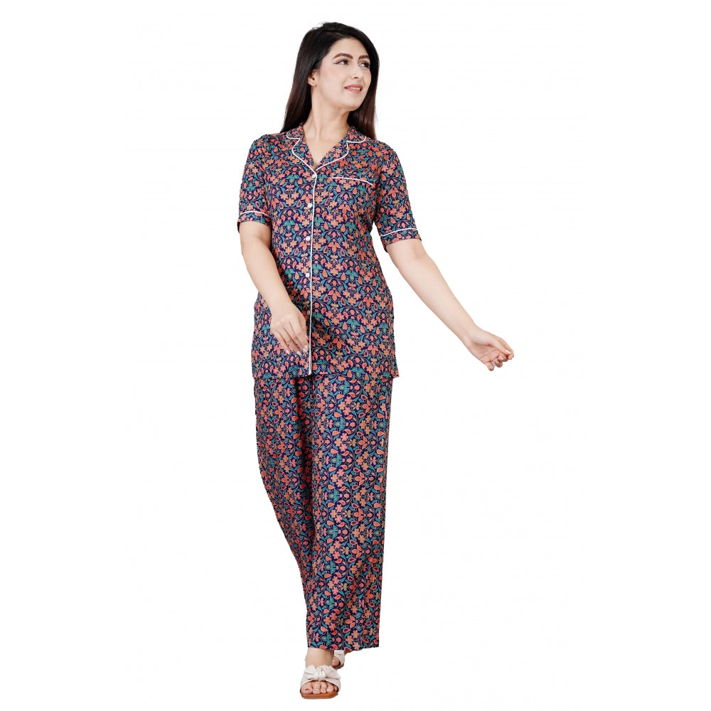 Women's Casual Half Sleeve Printed Viscose Rayon Shirt With Pyjama Pant Night Suit Set (Blue) - GillKart