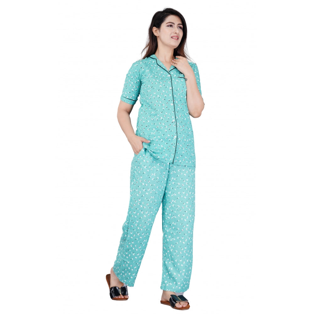 Women's Casual Half Sleeve Printed Viscose Rayon Shirt With Pyjama Pant Night Suit Set (Green) - GillKart