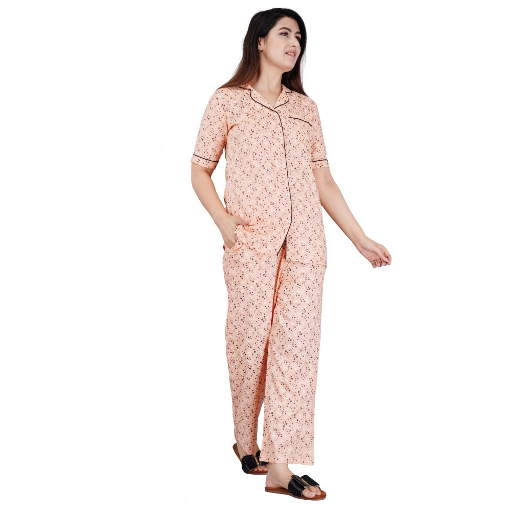 Women's Casual Half Sleeve Printed Viscose Rayon Shirt With Pyjama Pant Night Suit Set (Peach) - GillKart