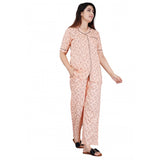 Women's Casual Half Sleeve Printed Viscose Rayon Shirt With Pyjama Pant Night Suit Set (Peach) - GillKart