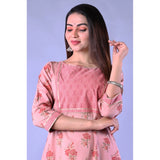 Women's Casual 3/4 Sleeve Printed Rayon Kurti With Pant Set (Pink) - GillKart