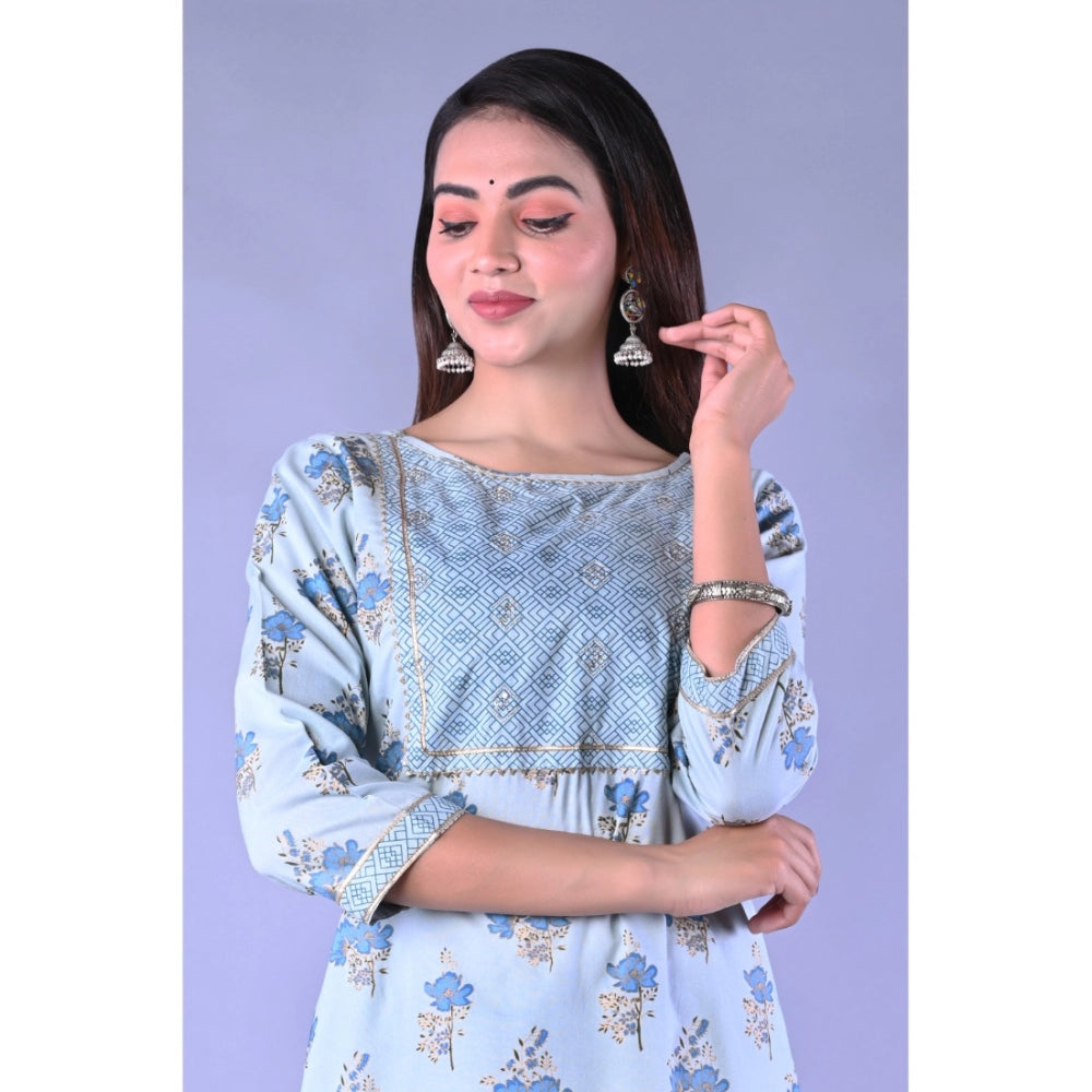 Women's Casual 3/4 Sleeve Printed Rayon Kurti With Pant Set (Blue) - GillKart