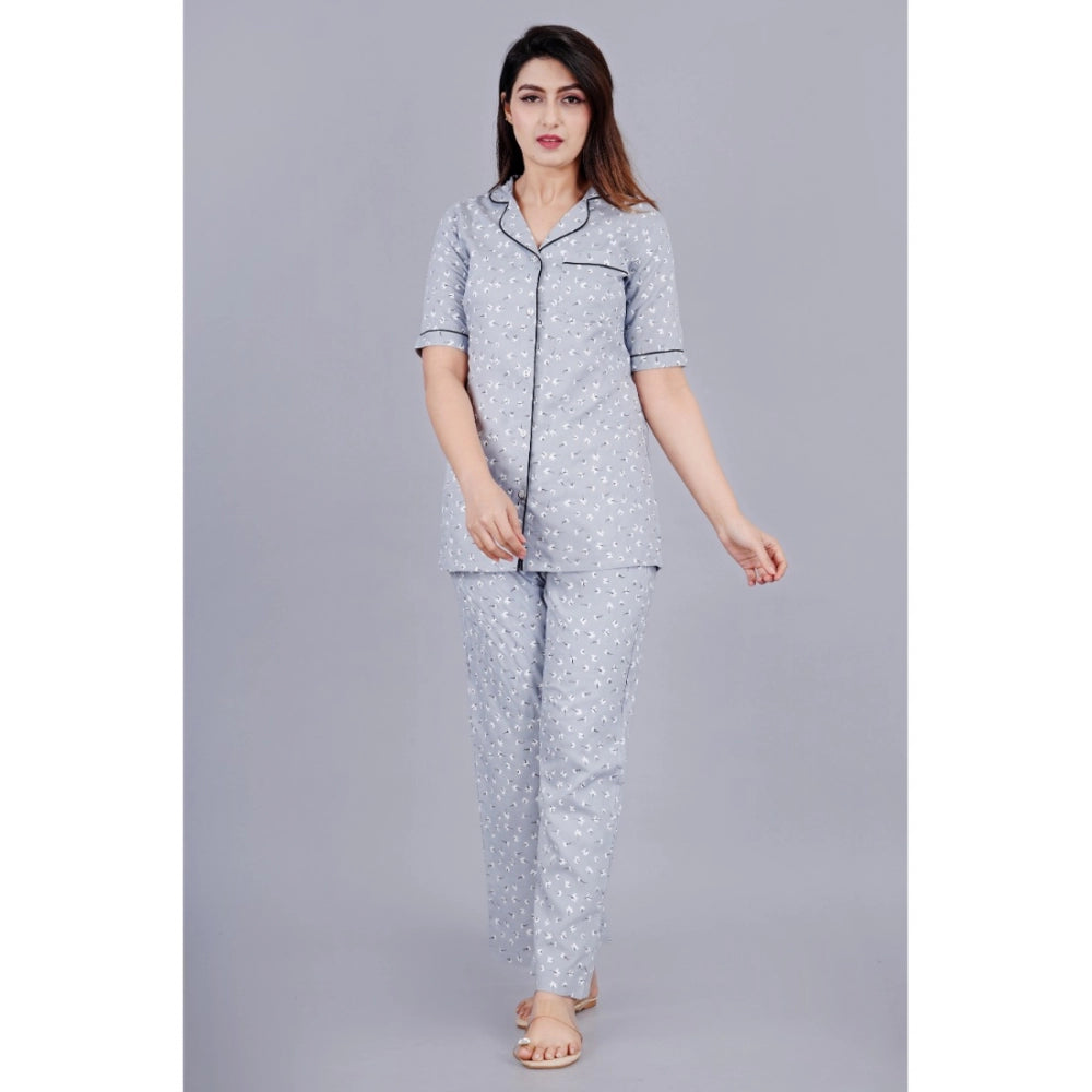 Women's Casual Half Sleeve Printed Viscose Rayon Shirt With Pyjama Pant Night Suit Set (Grey) - GillKart