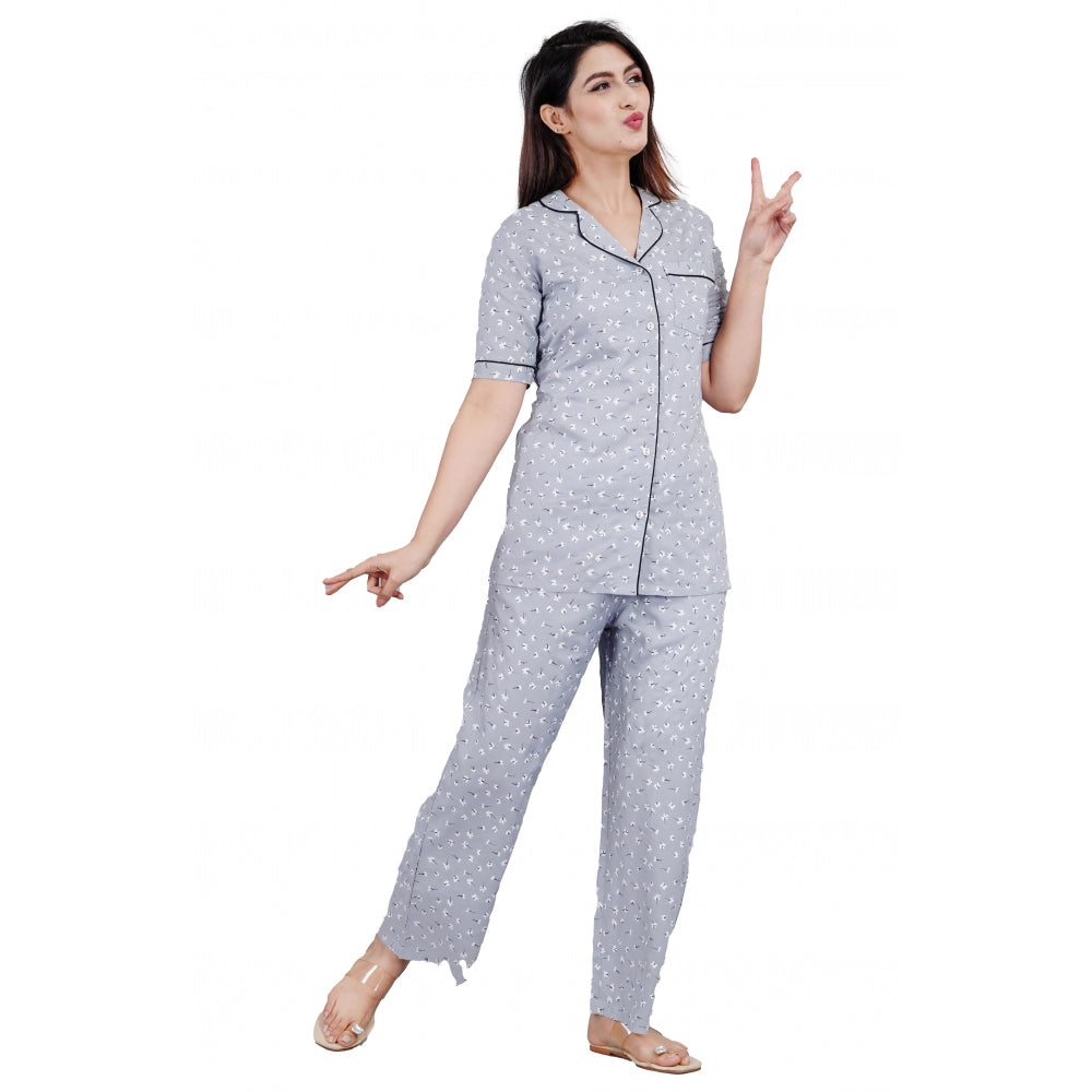 Women's Casual Half Sleeve Printed Viscose Rayon Shirt With Pyjama Pant Night Suit Set (Grey) - GillKart