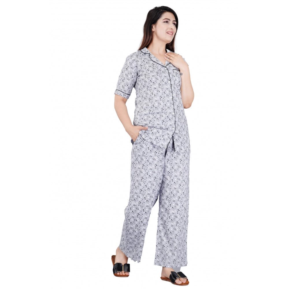 Women's Casual Half Sleeve Printed Viscose Rayon Shirt With Pyjama Pant Night Suit Set (Grey) - GillKart