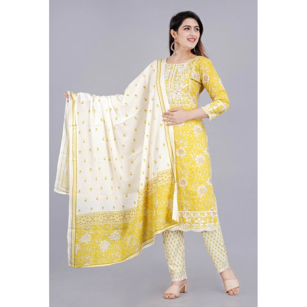 Women's Casual 3/4 Sleeve Embroidered Rayon Kurti With Pant And Dupatta Set (Yellow) - GillKart