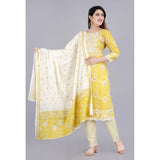 Women's Casual 3/4 Sleeve Embroidered Rayon Kurti With Pant And Dupatta Set (Yellow) - GillKart