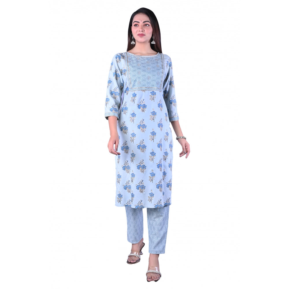 Women's Casual 3/4 Sleeve Printed Rayon Kurti With Pant Set (Blue) - GillKart