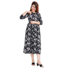 Women's Casual 3/4 Sleeve Printed Viscose Maternity Feeding Kurti (Black) - GillKart