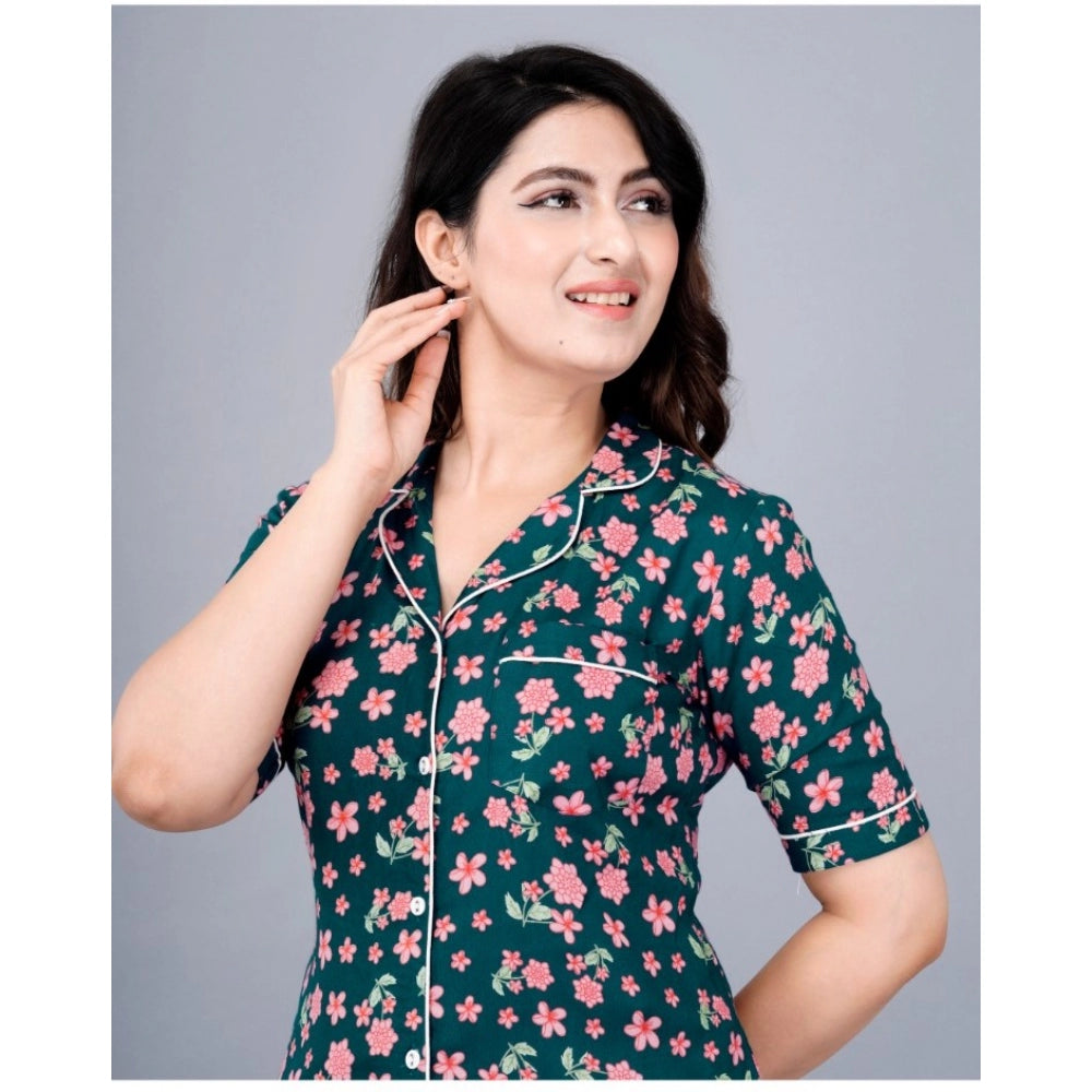 Women's Casual Half Sleeve Printed Viscose Rayon Shirt With Pyjama Pant Night Suit Set (Teal) - GillKart